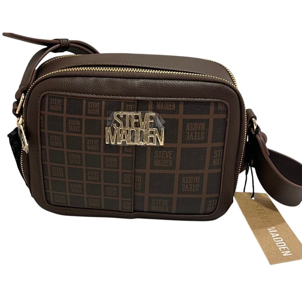 Steve Madden Blexi Hollywood Crossbody Bag Sepia Brown Logo Grid DR143770 New - Picture 1 of 11